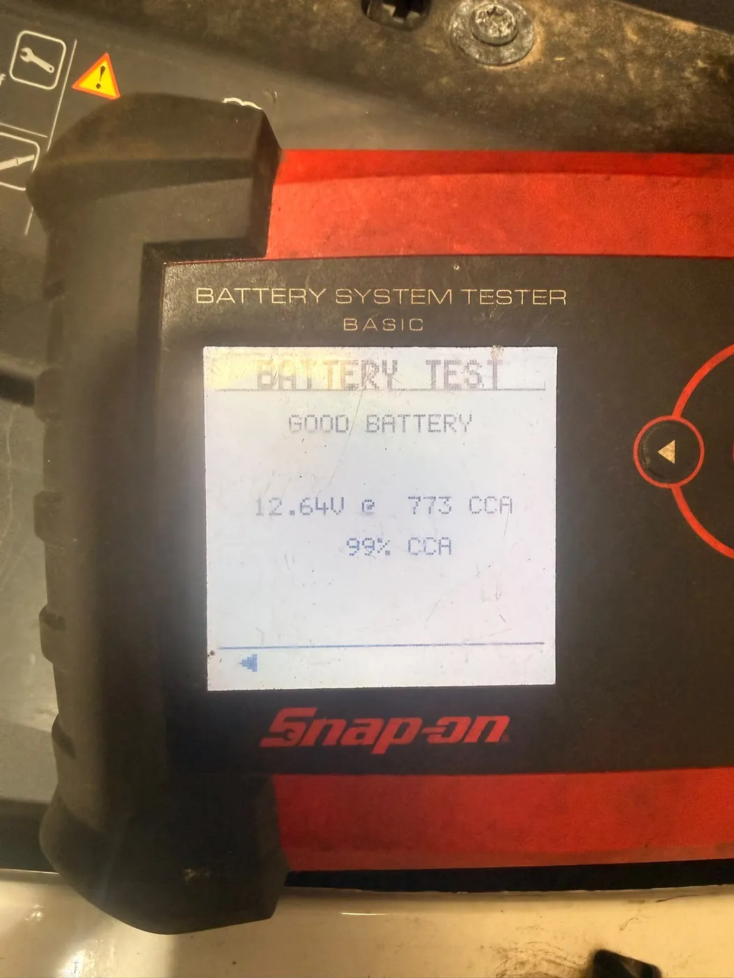 Battery system tester showing a battery test result during vehicle diagnostics by Connor Waldron
